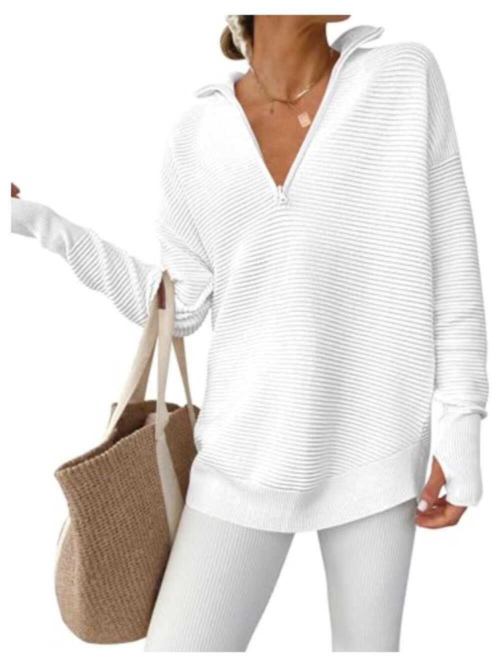 Women Loose Fit V Neck Quarter Zip Rib Knit Sweater Thumbholes Fall Pullover